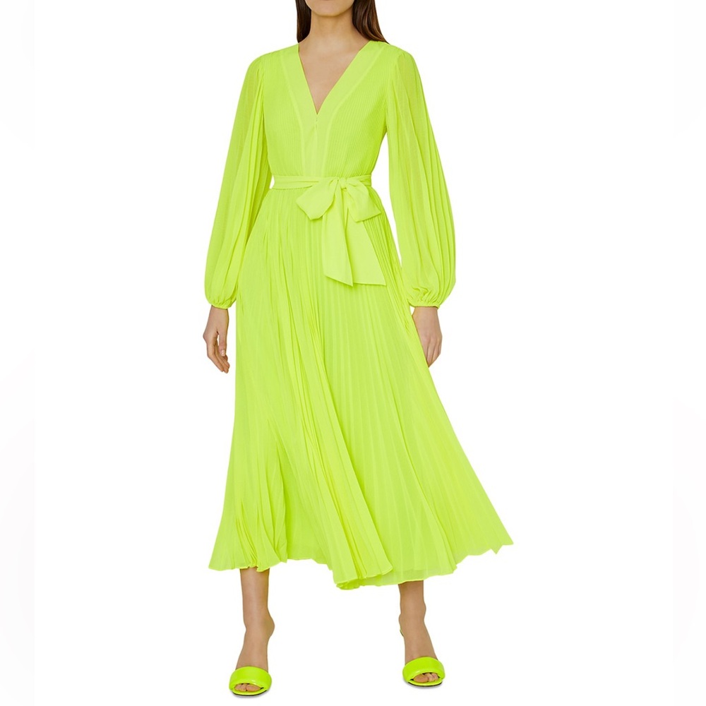 Milly Neon Lime Pleated V-Neck Long Sleeve Midi Dress